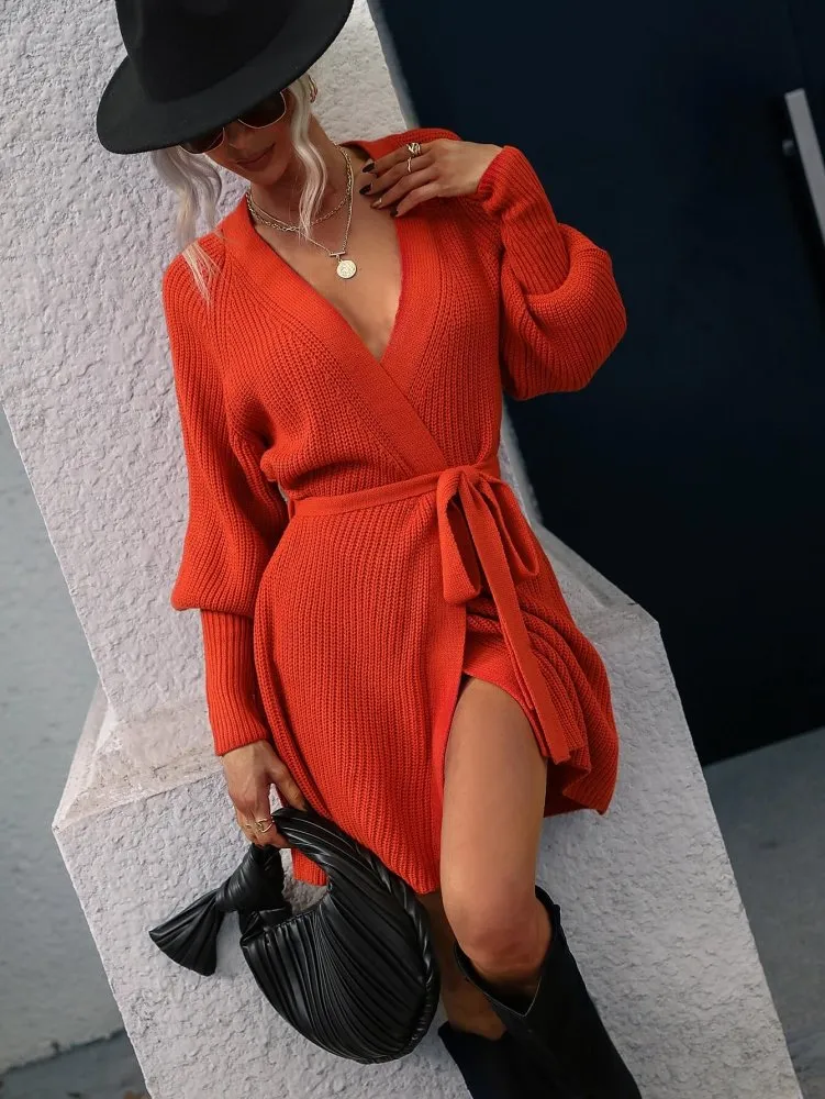Dream Chaser Mini V Neck Wrap Sweater Dress