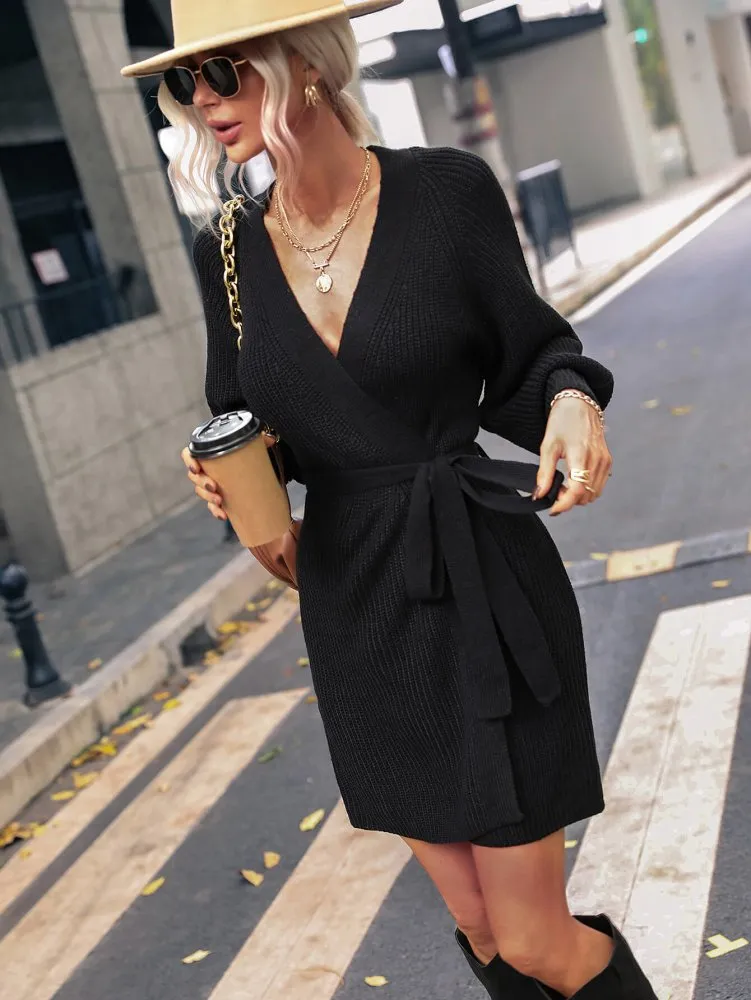 Dream Chaser Mini V Neck Wrap Sweater Dress