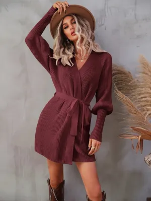Dream Chaser Mini V Neck Wrap Sweater Dress