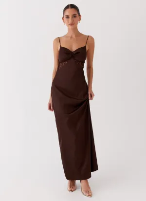 Puff-Sleeve Cool Layers Dream Sight Lace Satin Maxi Dress - Chocolate