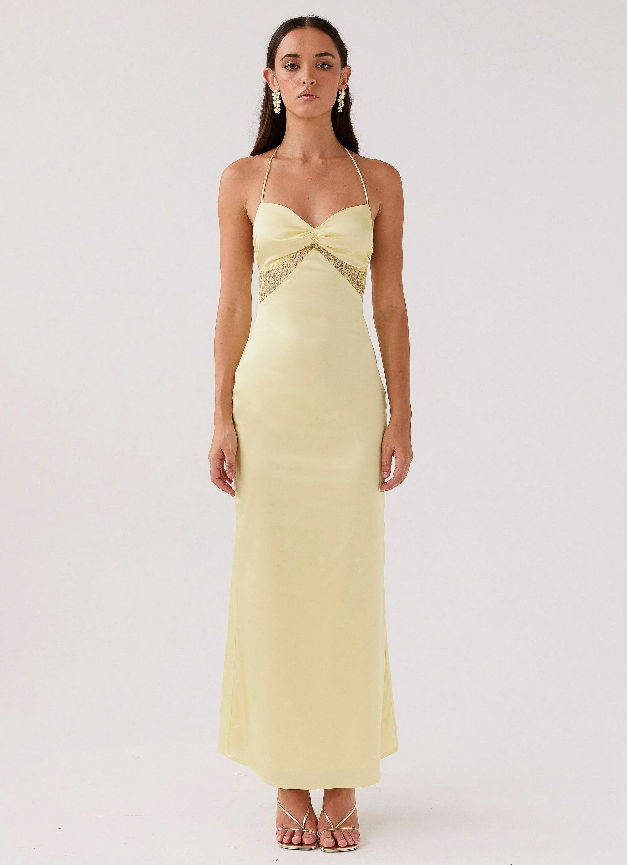 Dream Sight Lace Satin Maxi Dress - Lemon Layered Fit Calm Lines