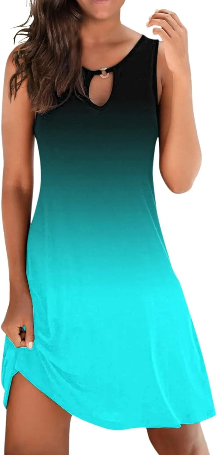 Dresses for Women 2024 Casual Short Sundress Printed Crewneck Sleeveless Tank Dress A Line Sun Dress Summer Dresses