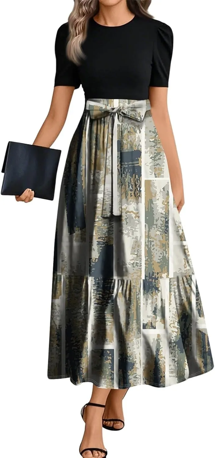 Dresses for Women 2025 Elegant Classy Summer Empire Waist Short Sleeve A Line Work Dress Wedding Guest Wrap Sundress