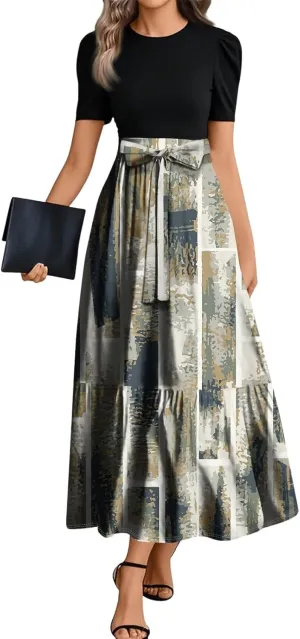 Dresses for Women 2025 Elegant Classy Summer Empire Waist Short Sleeve A Line Work Dress Wedding Guest Wrap Sundress