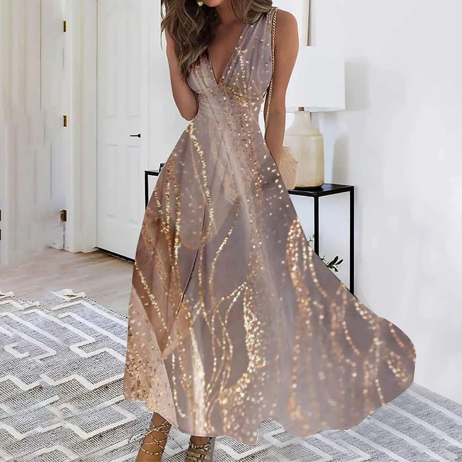 Dresses for Women 2025 Flowy Ruched Wrap V Neck Boho Sundresses Sleeveless Floral Printed Maxi Dress Beach Dresses