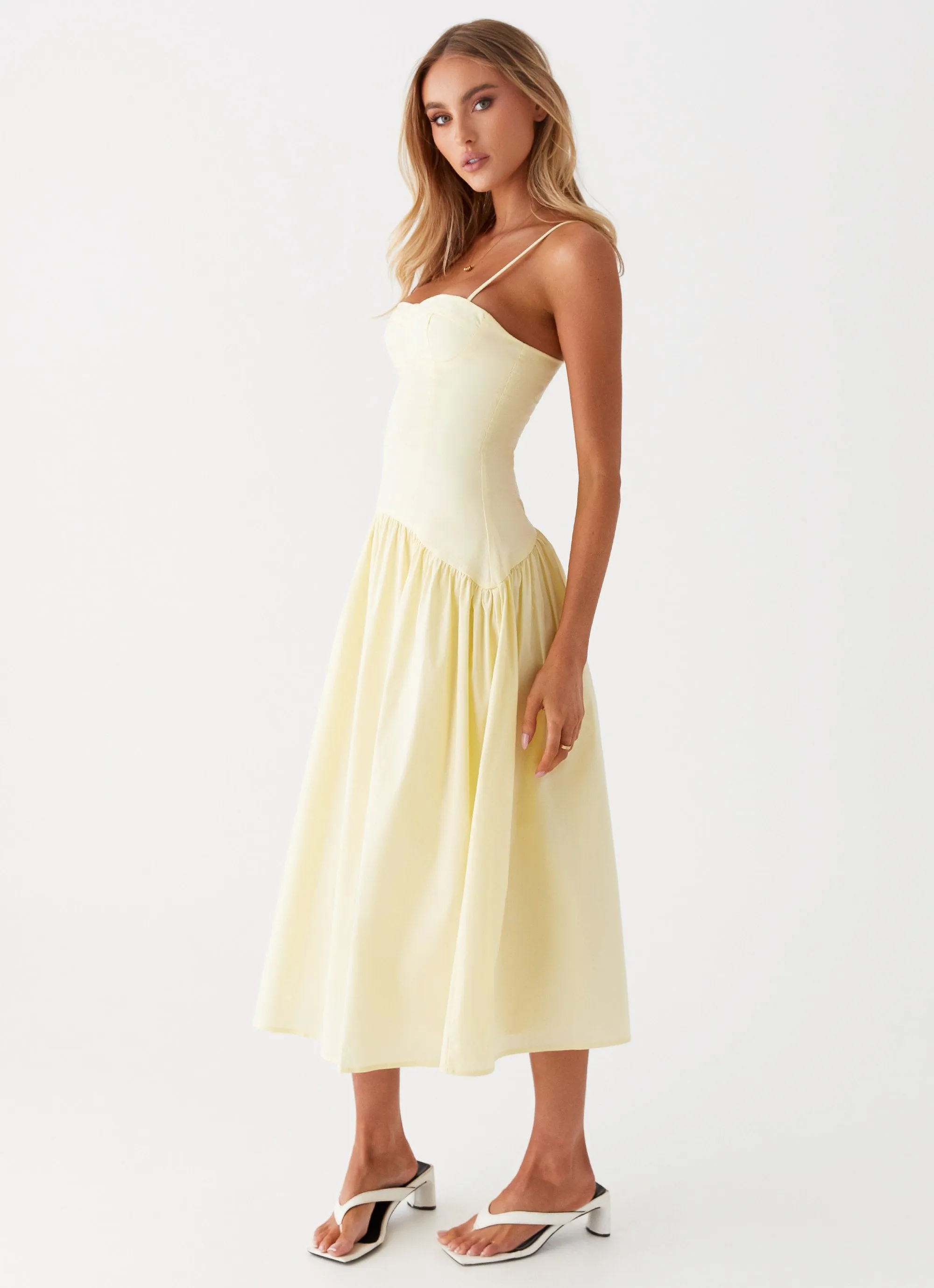 Yvette Corset Midi Dress - Yellow Buckle-Detail