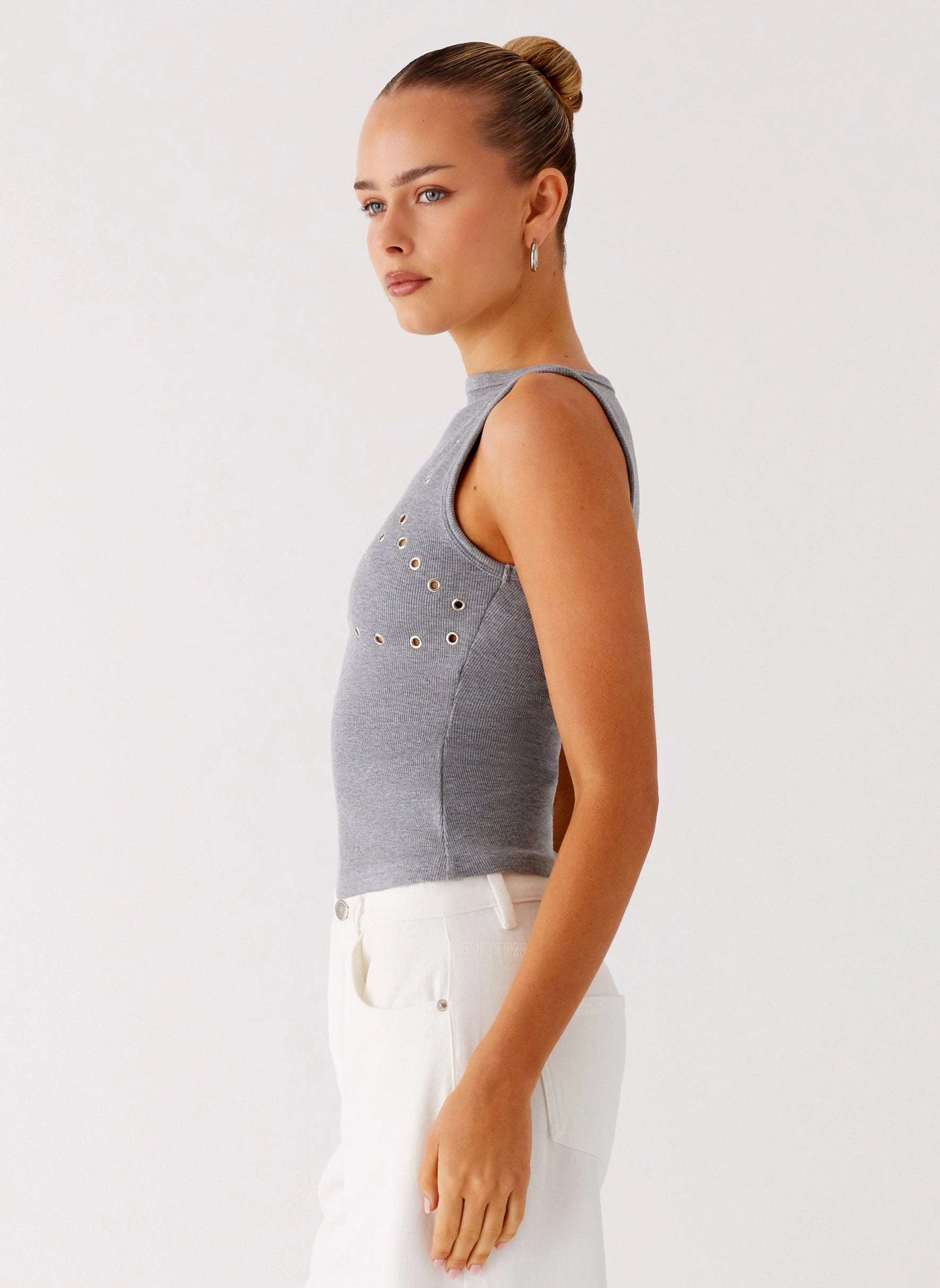 Sandwich Mesh Panel Structure Drop Top Ribbed Eyelet Tank Top - Marle Grey