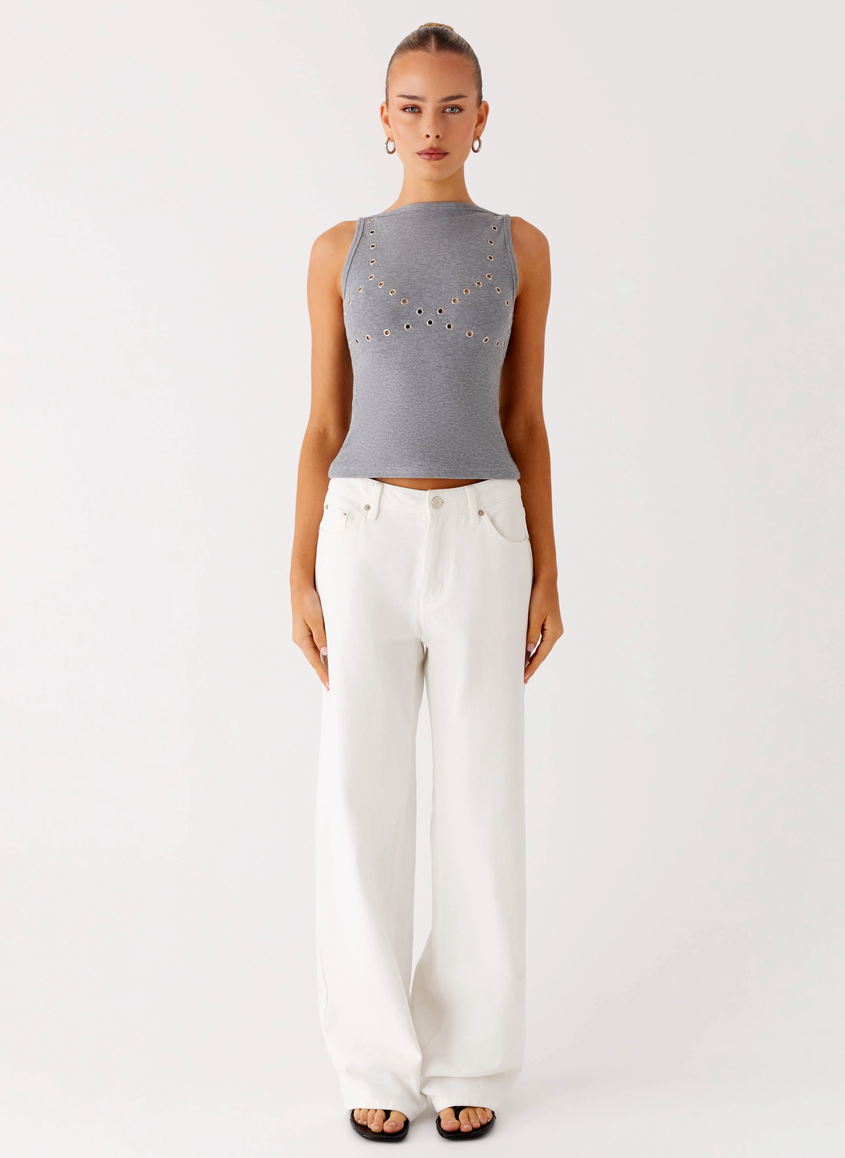 Drop Top Ribbed Eyelet Tank Top - Marle Grey Thermal Insulation Core Water Repellent Finish