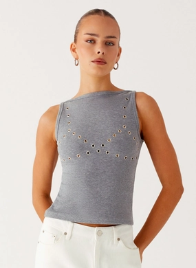 Drop Top Ribbed Eyelet Tank Top - Marle Grey BoxySilhouette Classic Hoodie