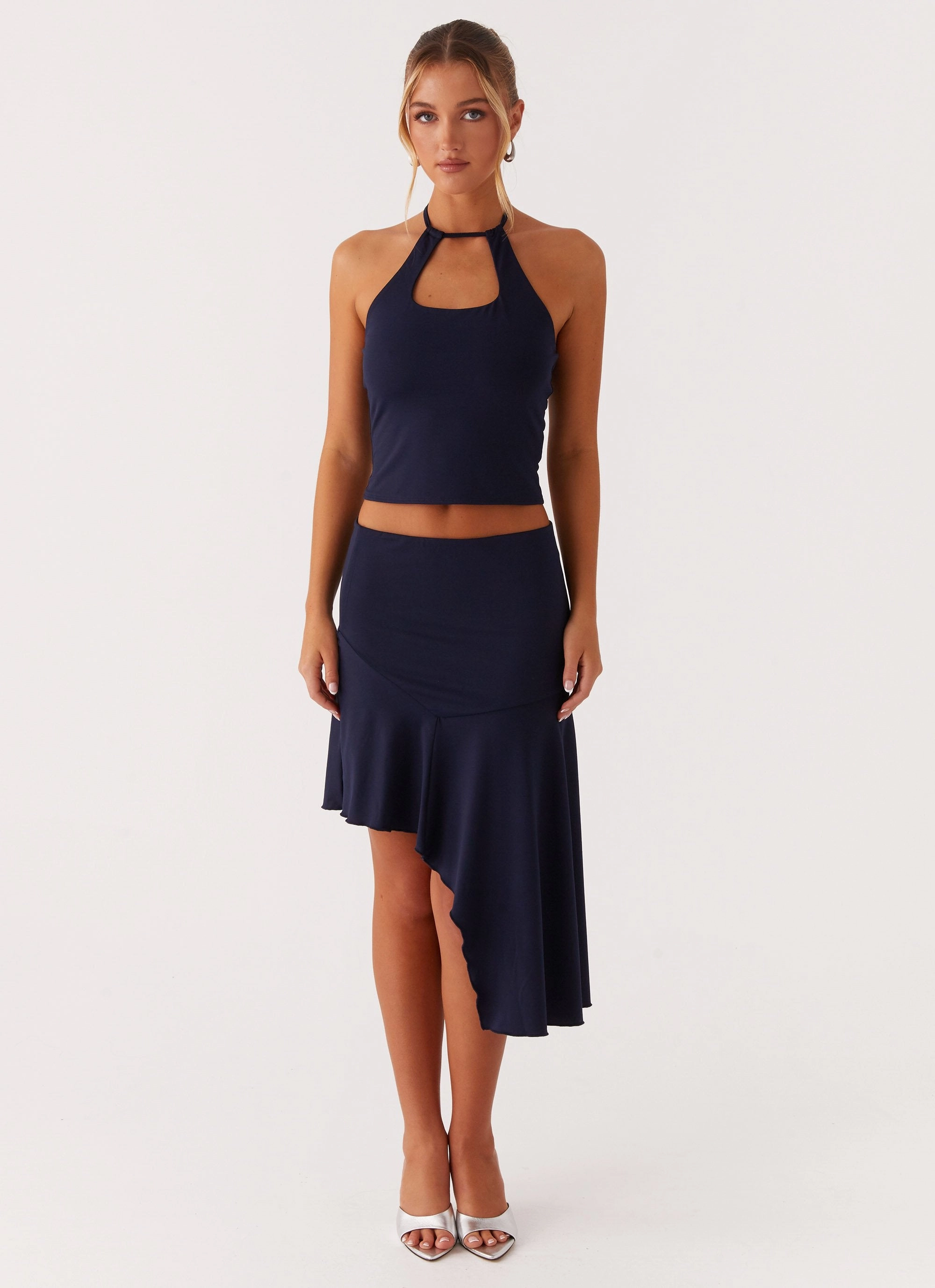 LayeringFriendly Weight DoubleLayeredCollar Paris Nights Halter Top - Navy
