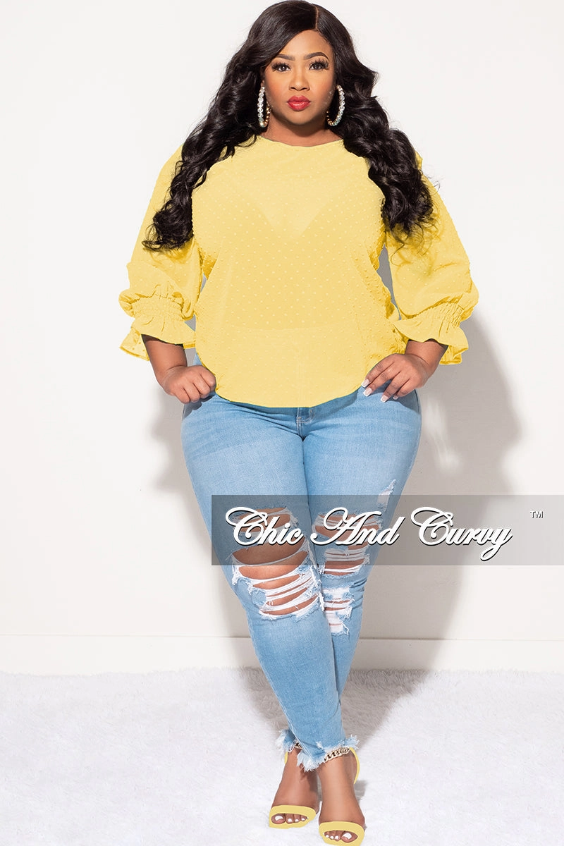 Fashionable Waist Quick Comfort Final Sale Plus Size Chiffon Sheer Top with Dot Embossing in Yellow