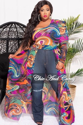 Double Stitched Seams Minimal Waist Final Sale Plus Size Mesh One Shoulder Top with Train in Purple, Orange & Blue Design Print