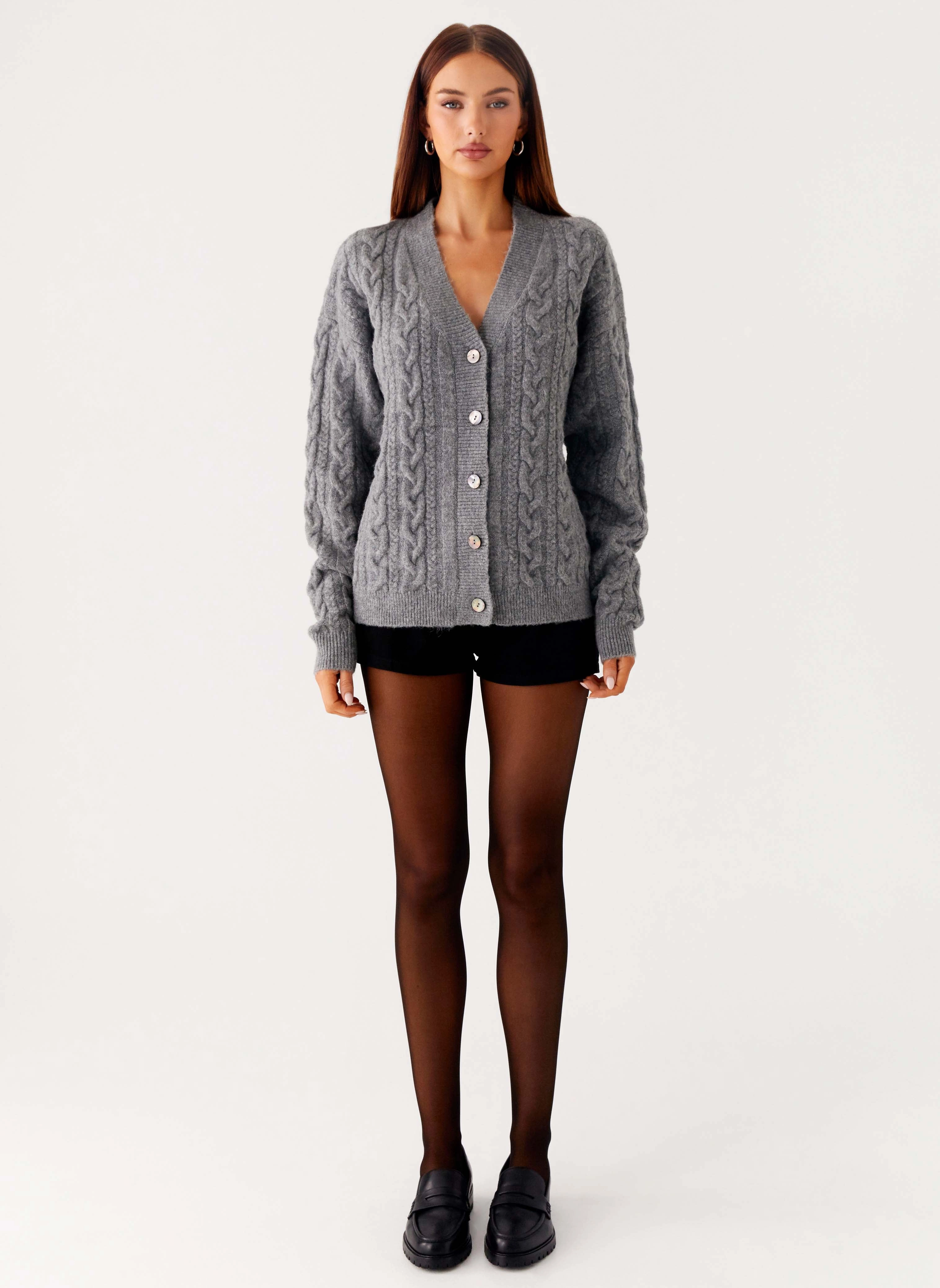 Frawley Cable Knit Cardigan - Grey Snag Resistant Fabric Microfiber Material