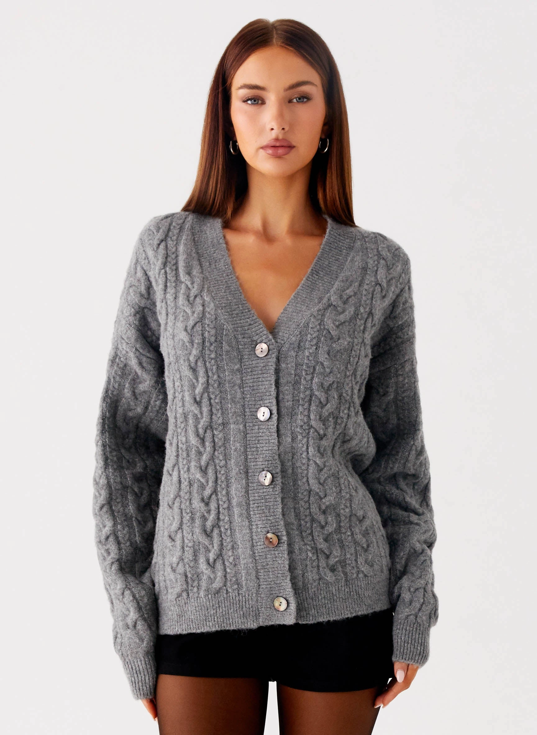 Metallic Fiber Blend Cozy Wear Frawley Cable Knit Cardigan - Grey