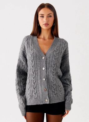 Metallic Fiber Blend Cozy Wear Frawley Cable Knit Cardigan - Grey