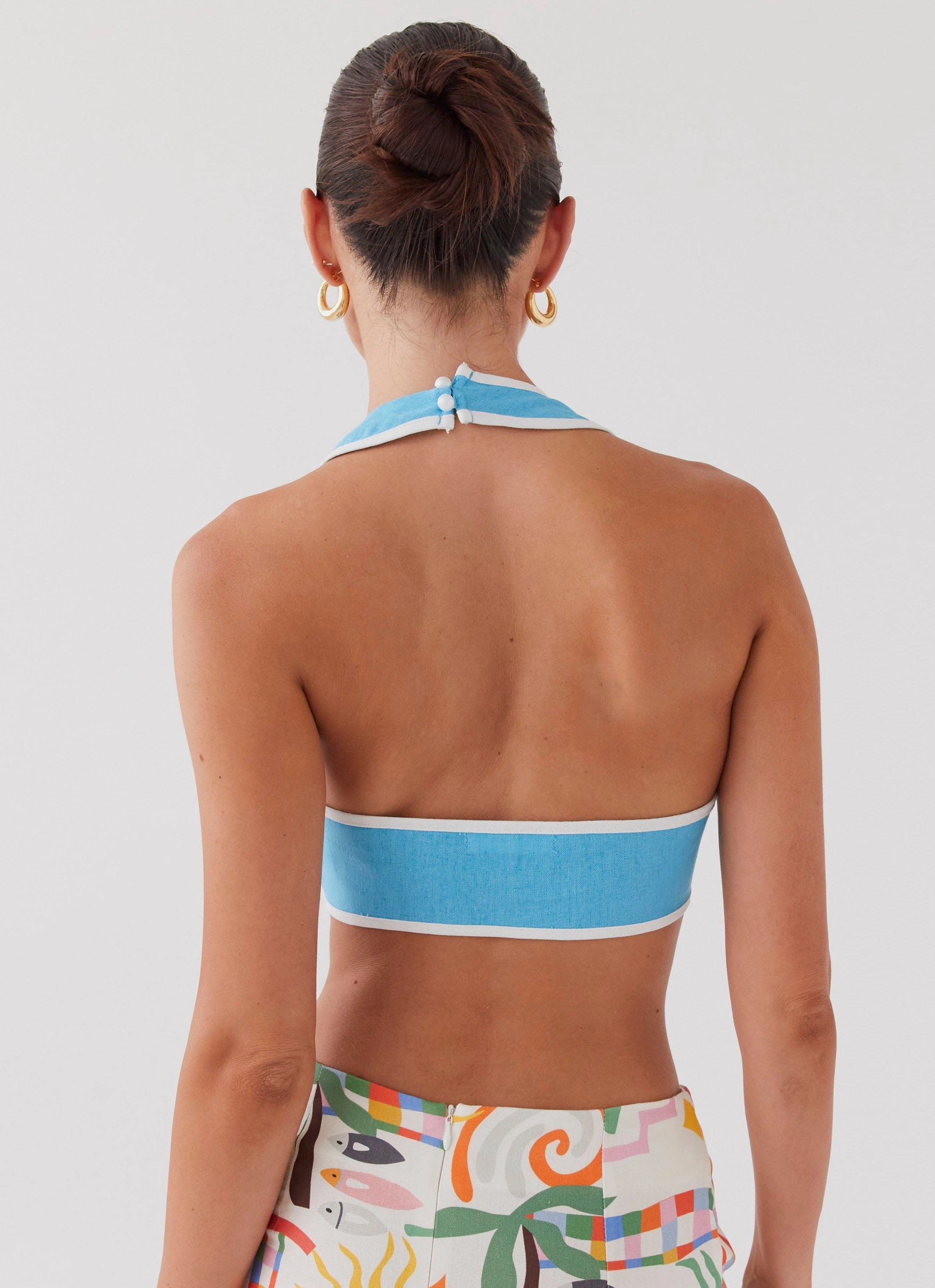 Isle Of Water Linen Tie Top - Azure Reflective Trim Details