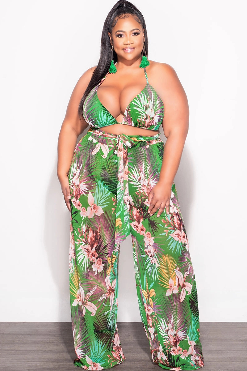 Non slip grip Final Sale Plus Size 3pc Set Mesh Bikini Top, Briefs & Pants in Green Tropical Print