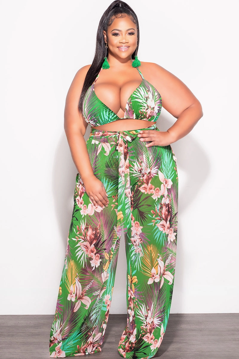 Odor Control Treatment Final Sale Plus Size 3pc Set Mesh Bikini Top, Briefs & Pants in Green Tropical Print