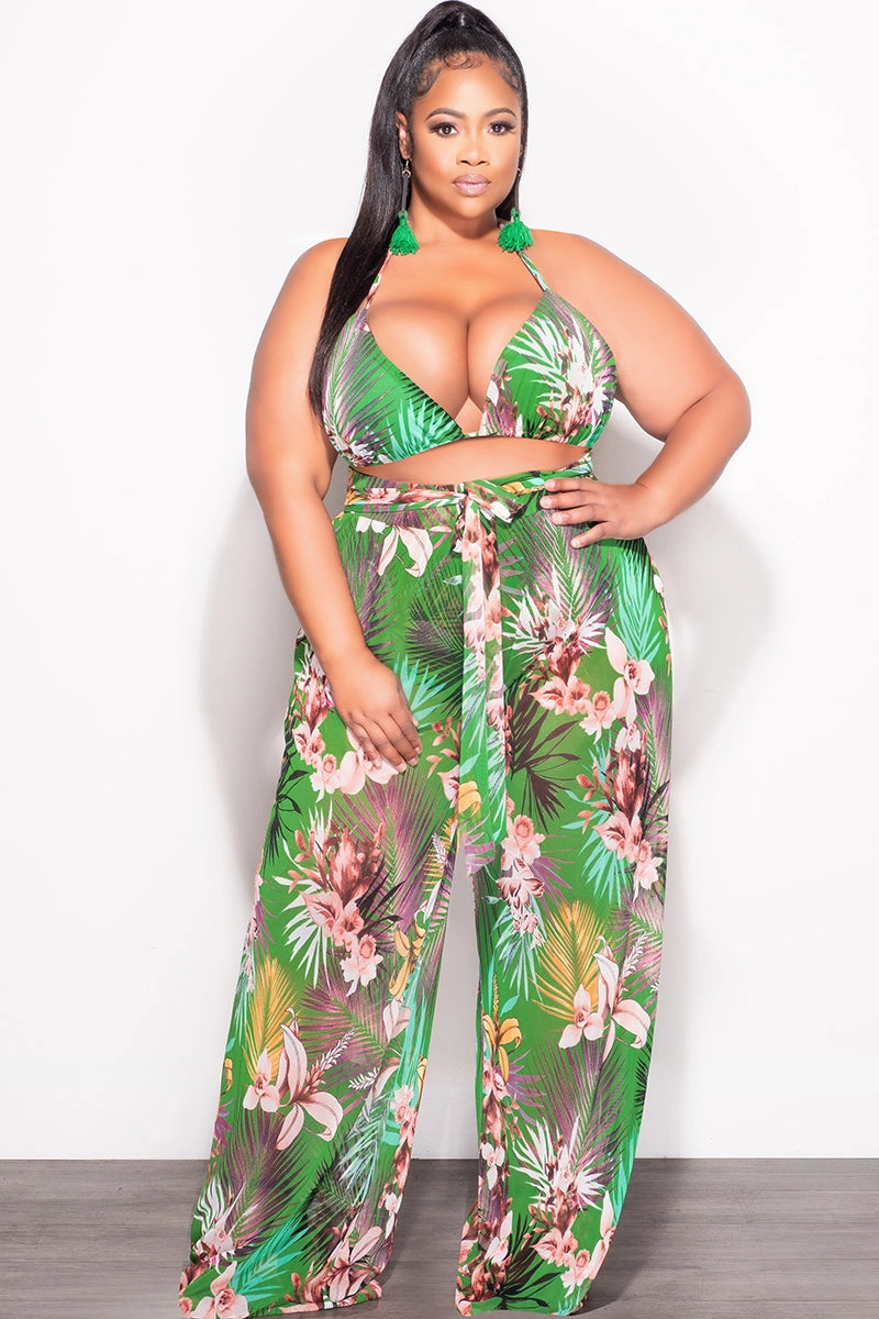 Final Sale Plus Size 3pc Set Mesh Bikini Top, Briefs & Pants in Green Tropical Print Quality Material