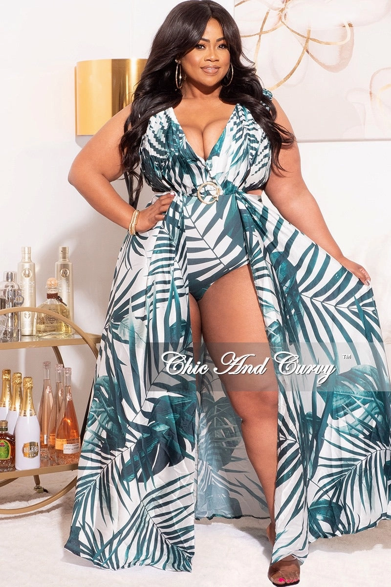 Final Sale Plus Size Playsuit with Open Back & Train in Green/White Palm Print Contrast Trim Stretching Fit