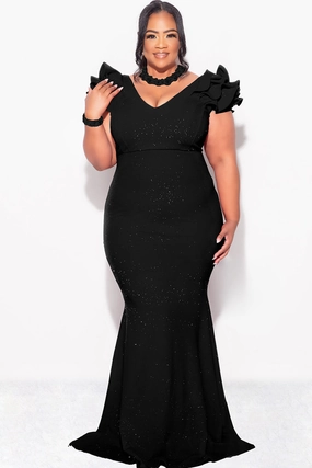 Final Sale Plus Size Gown with Layered Sleeves in Glitter Black Fabric MicrofiberBlend Stretch Weave Construction