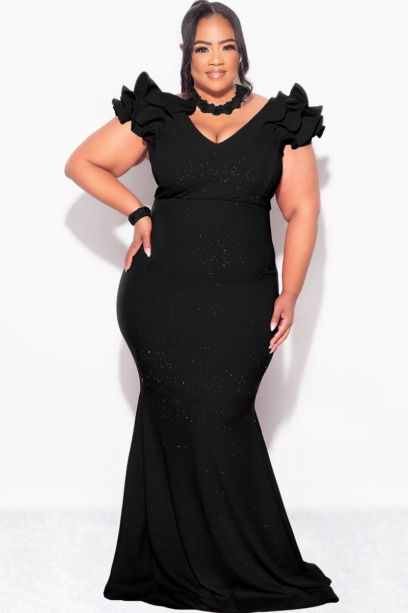 Final Sale Plus Size Gown with Layered Sleeves in Glitter Black Fabric LowMaintenanceFabric DoubleStitching