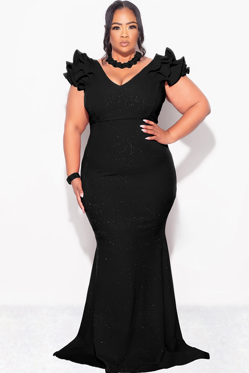 AntiPilling Moisture Control Lining Final Sale Plus Size Gown with Layered Sleeves in Glitter Black Fabric