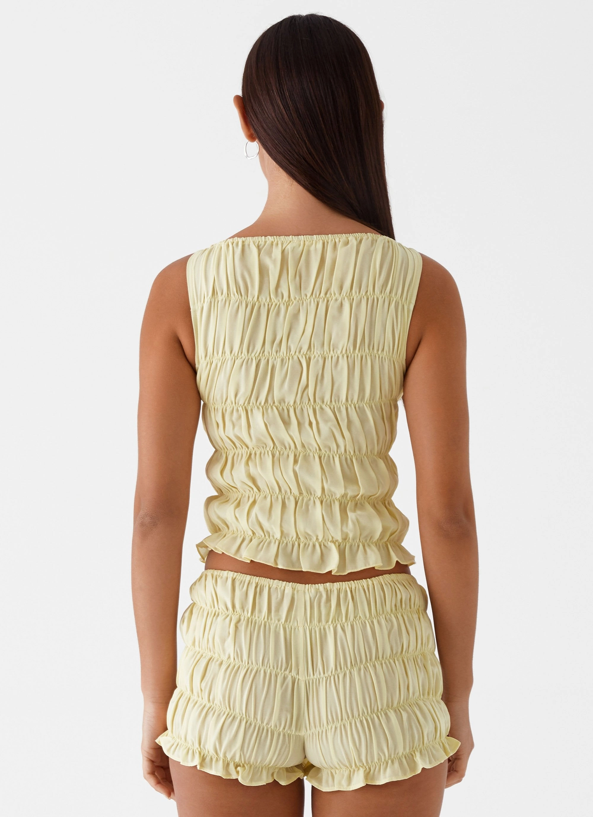Messina Ruched Tank Top - Yellow Ribbed Hemline TaglessCollar