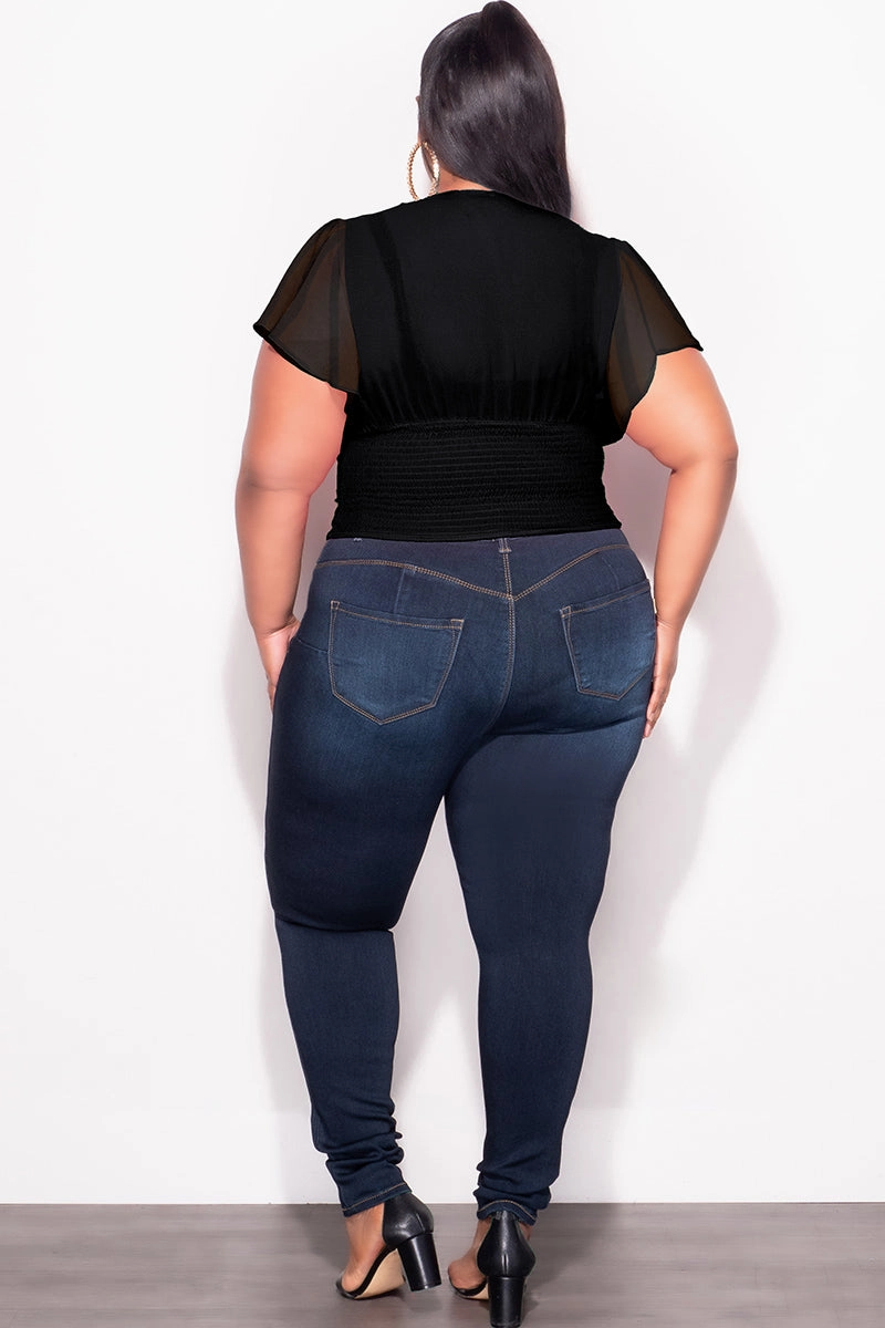 Final Sale Plus Size Chiffon Ruched Corset Blouse with Flutter Sleeves in Black StainResistantCoating