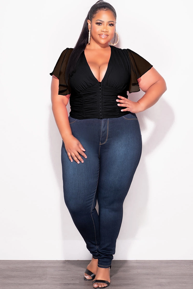 MoistureWicking SoftTouchFinish Final Sale Plus Size Chiffon Ruched Corset Blouse with Flutter Sleeves in Black