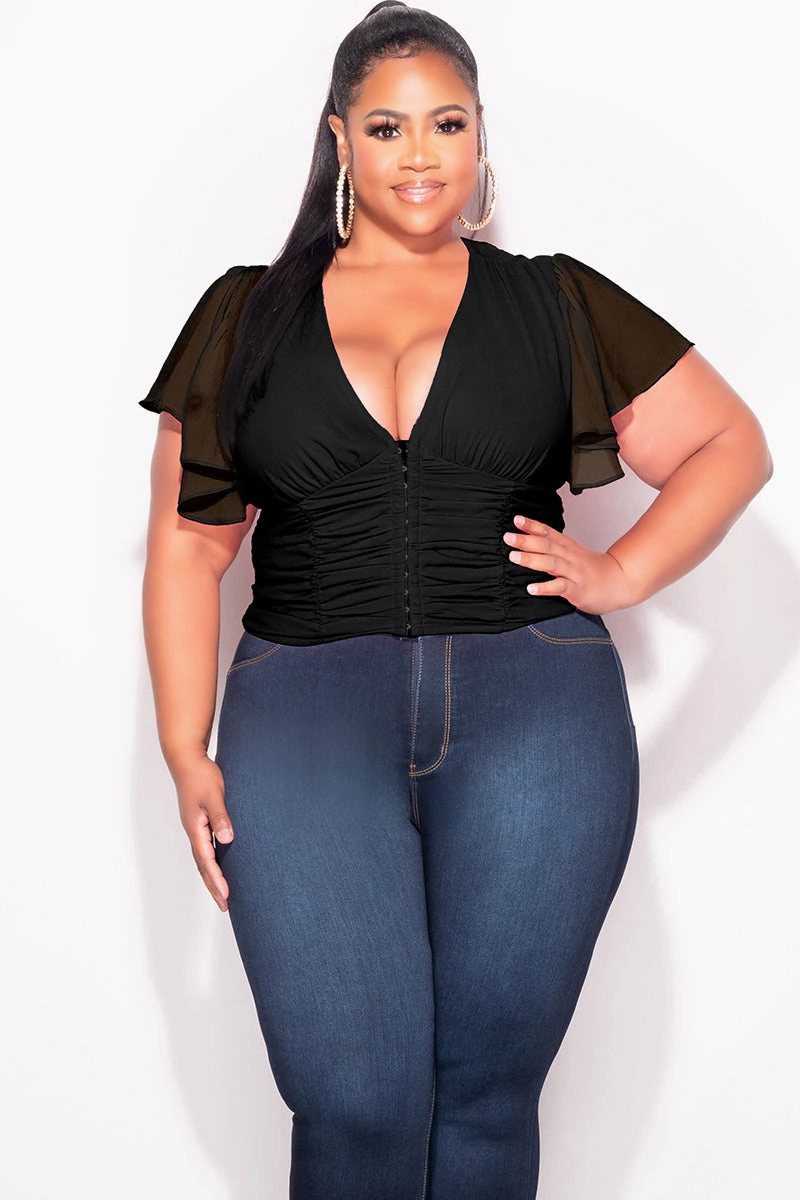 Final Sale Plus Size Chiffon Ruched Corset Blouse with Flutter Sleeves in Black MachineWashableFabric Organic Cotton Blend