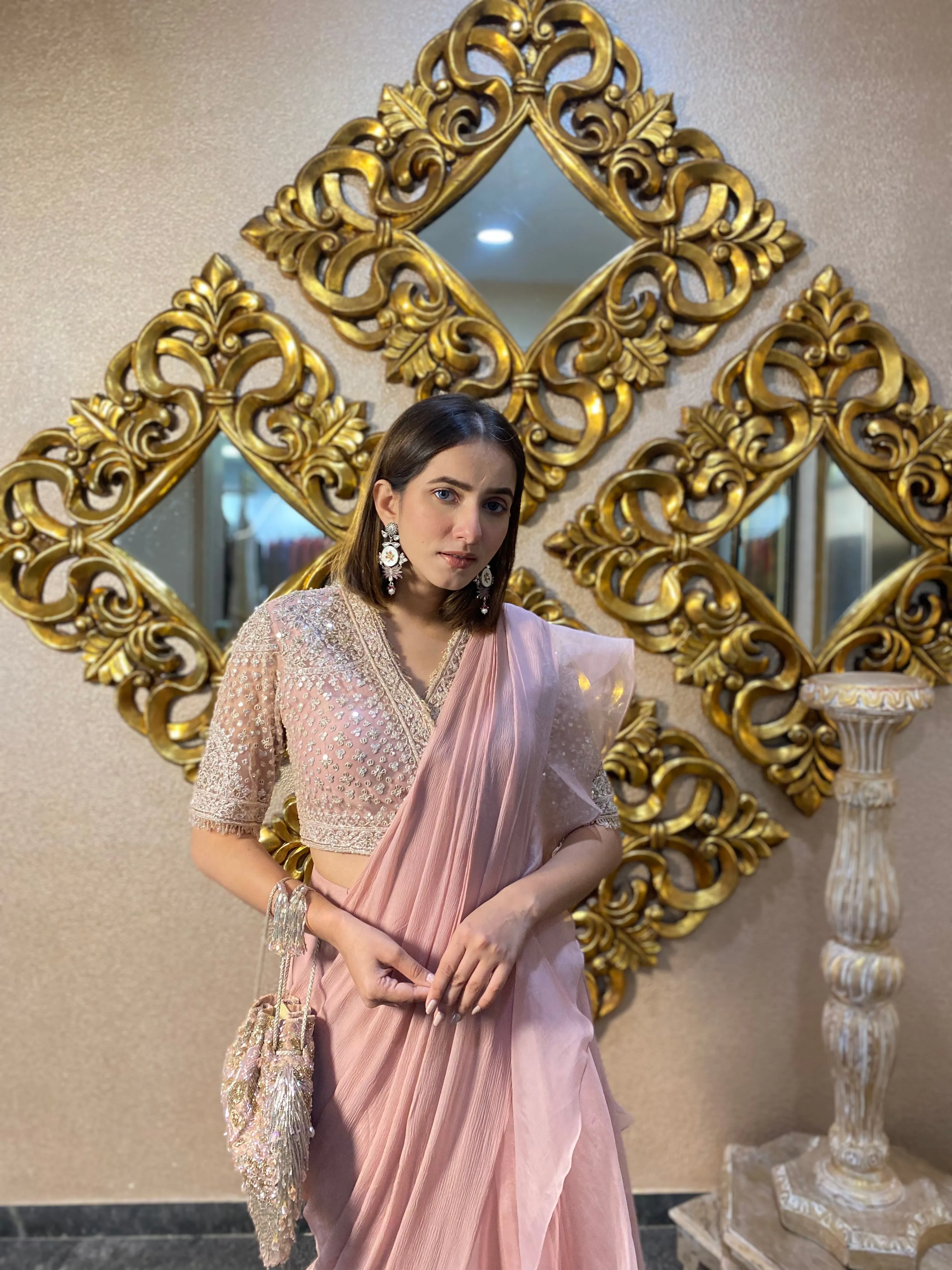 Dusty Pink Chiffon & Organza Ruffle Draped Saree Set