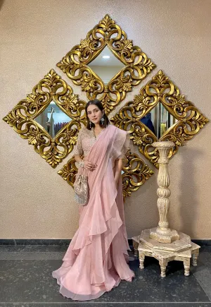 Dusty Pink Chiffon & Organza Ruffle Draped Saree Set