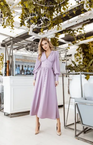 Dusty Pink V-neck Buttoned Puff-Sleeve Midi Dress