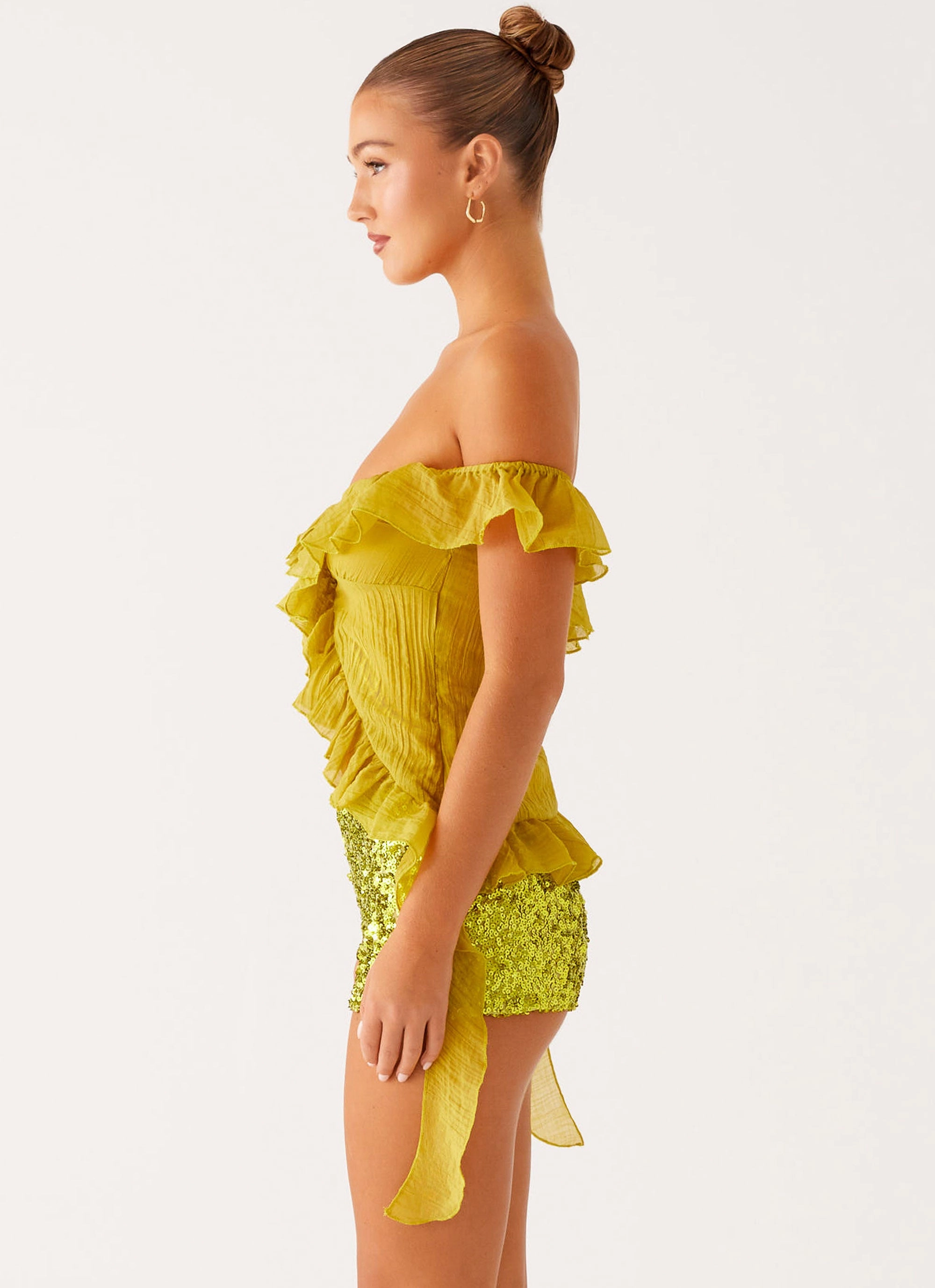 HighNeckCut FlexibleRibbedTrims Dylan Off Shoulder Top - Lime