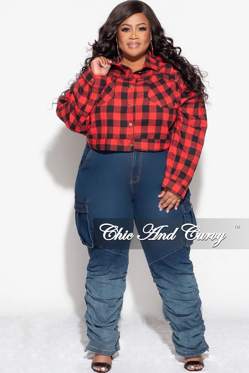 Reversible design Final Sale Plus Size Collar Button Up Top in Red and Black Plaid Print