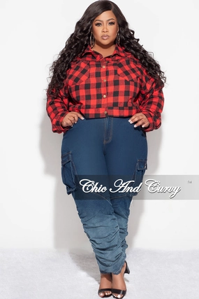 Flexible Knees Abrasion resistant Final Sale Plus Size Collar Button Up Top in Red and Black Plaid Print