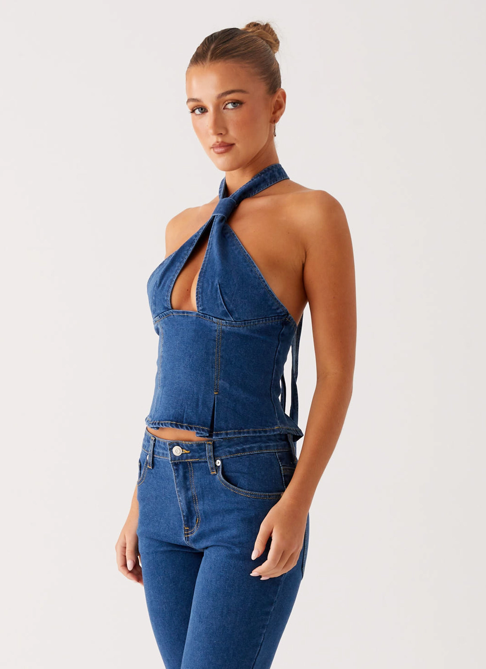 High Collar Design FeatherlightConstruction Saylor Halter Denim Top - Indigo