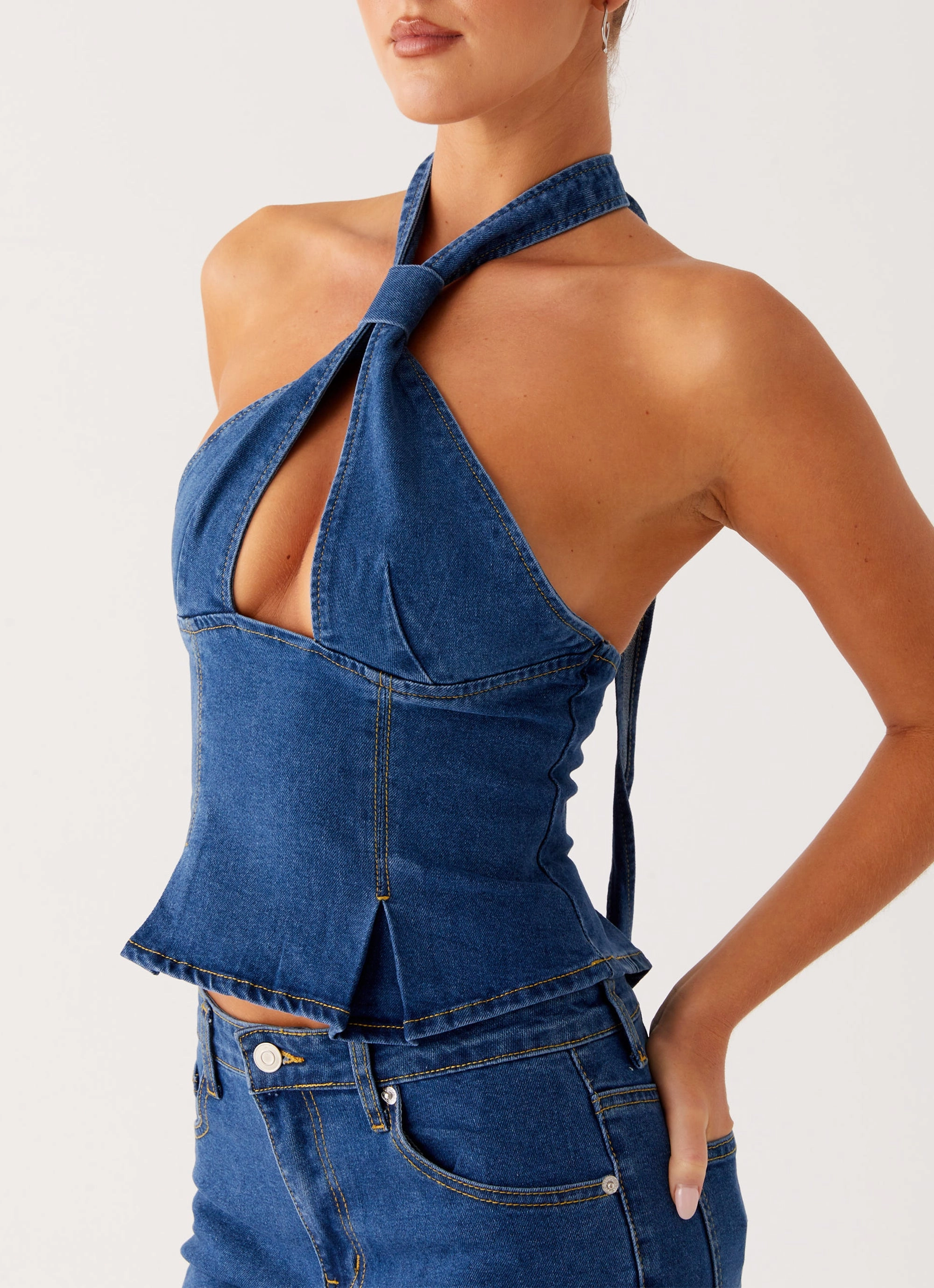 Fitted Blouse Tagless Comfort Saylor Halter Denim Top - Indigo