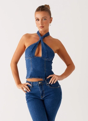 Anti Static Fabric Saylor Halter Denim Top - Indigo