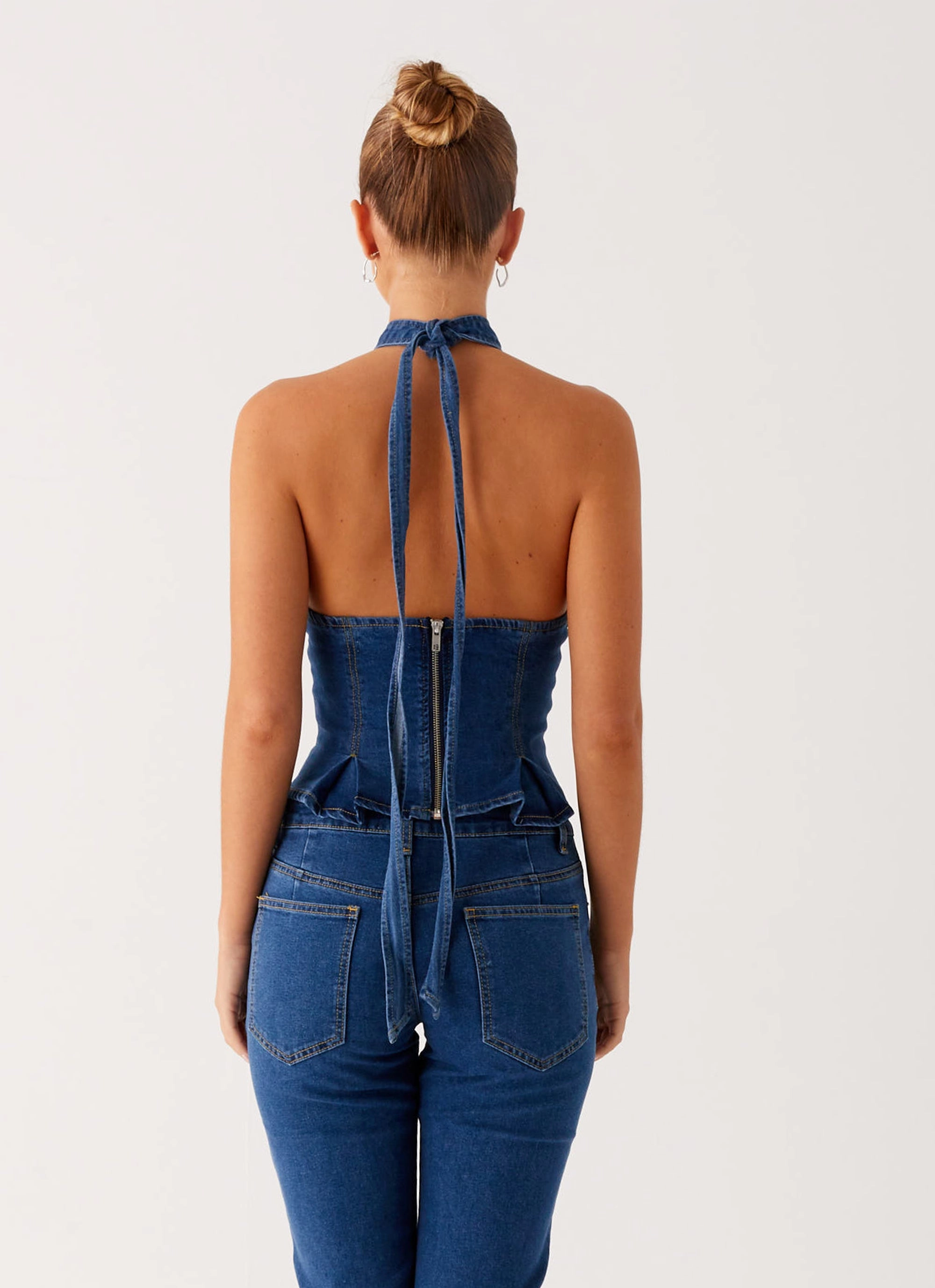 Saylor Halter Denim Top - Indigo Minimalist Silhouette Roll Up Sleeve Design
