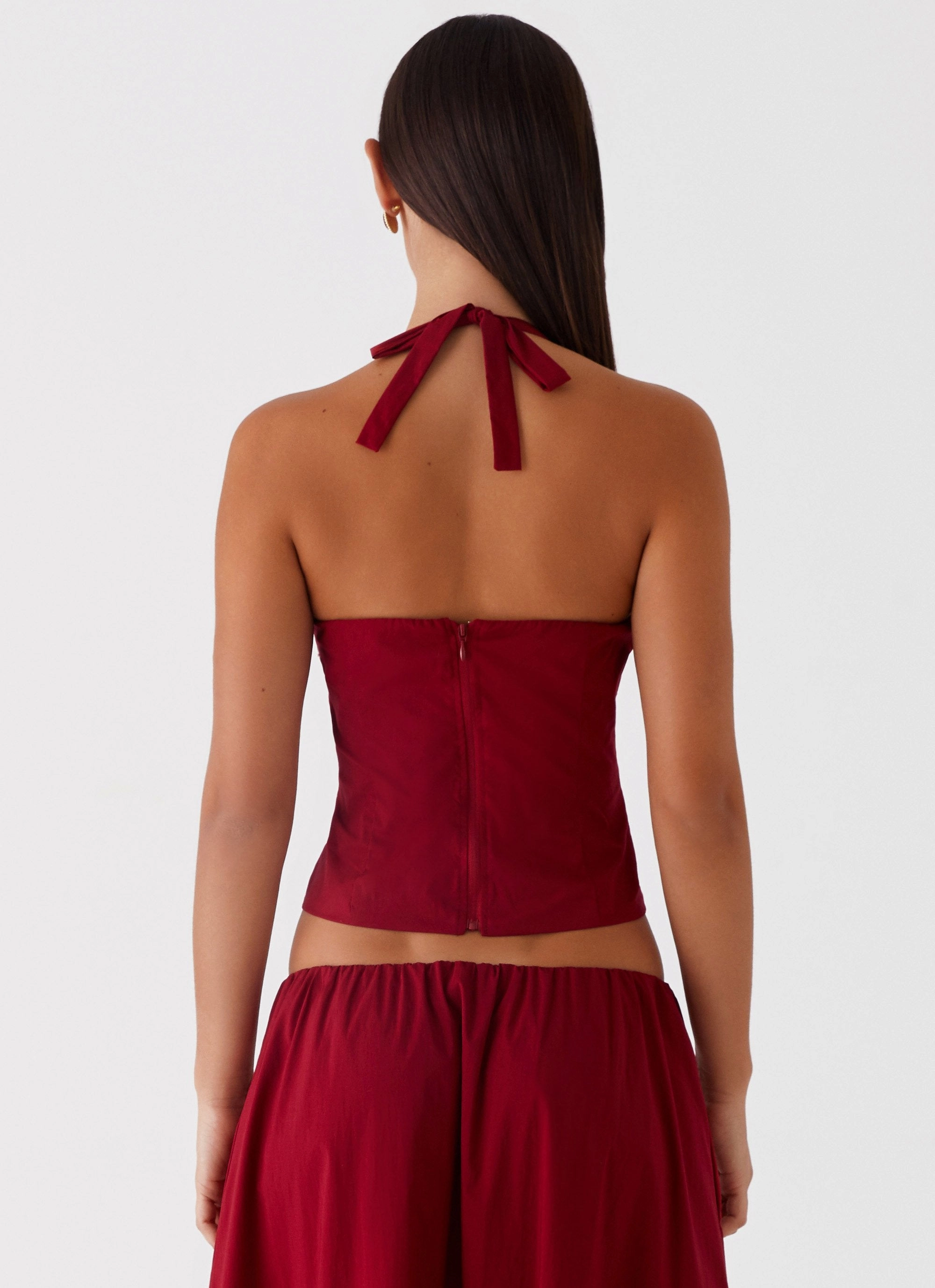 Cheryl Bustier Halter Top - Cherry Red Basic Tee Mesh Lining