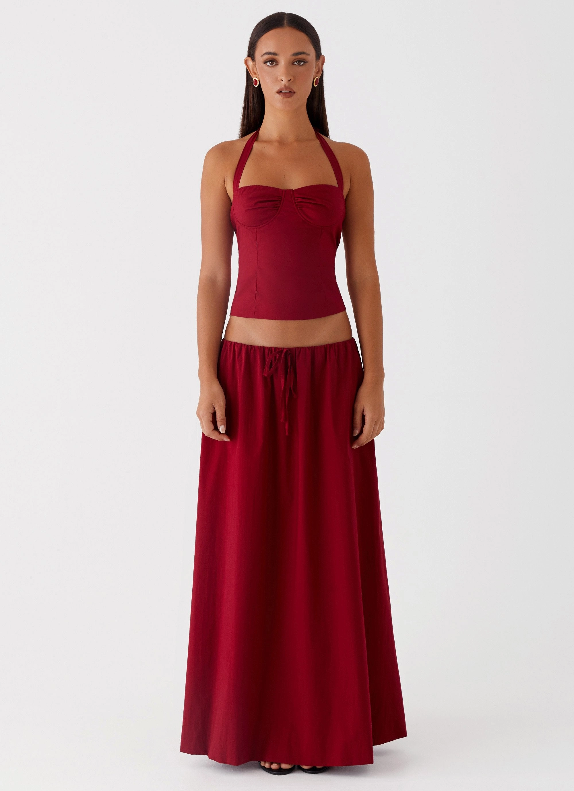 YarnDyedFabric Microfiber Blended Fabric Cheryl Bustier Halter Top - Cherry Red