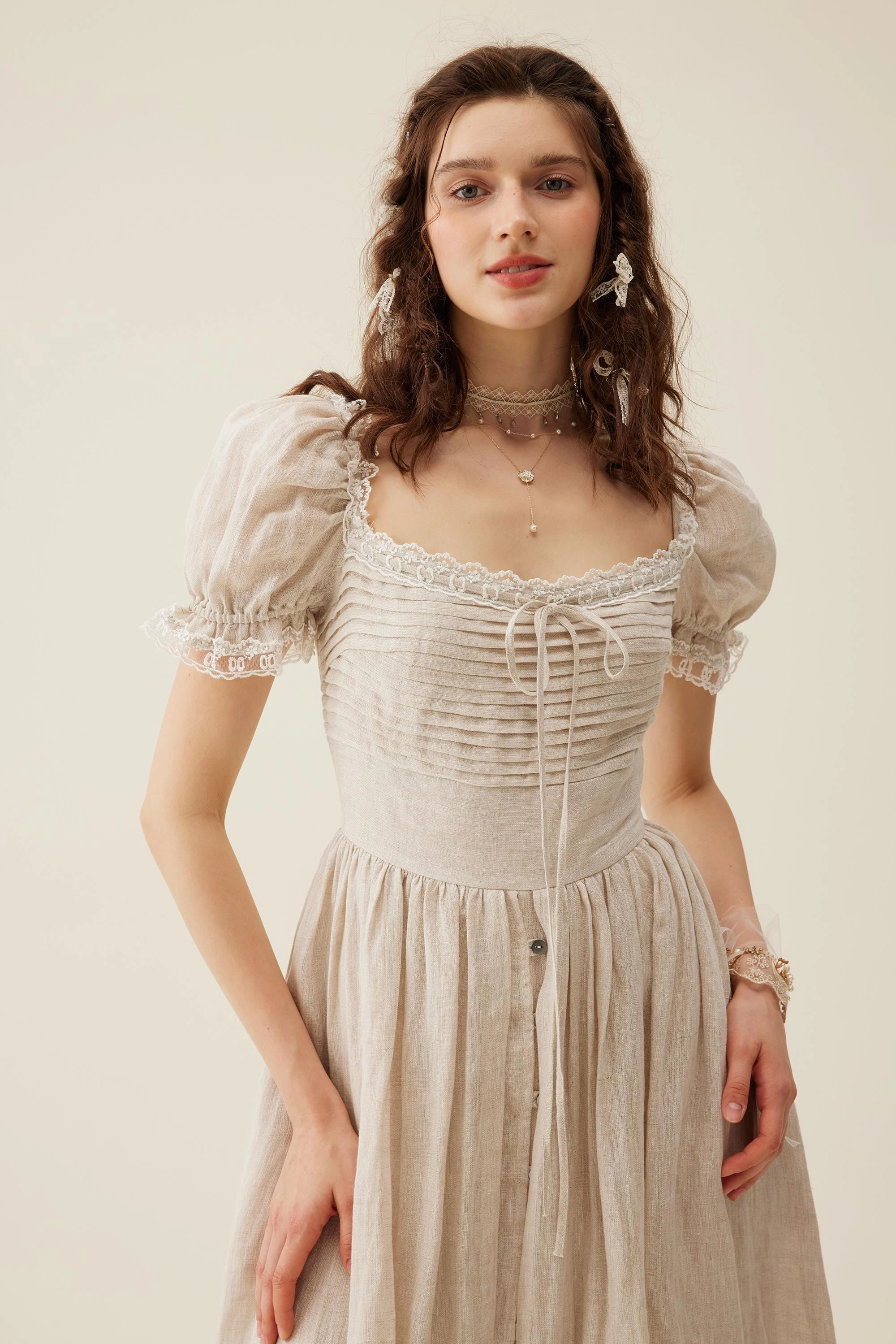 Monet Haze 26 | Fairy layered Linen Dress with pintucks ExtendedSizeRange Easy Fit Design