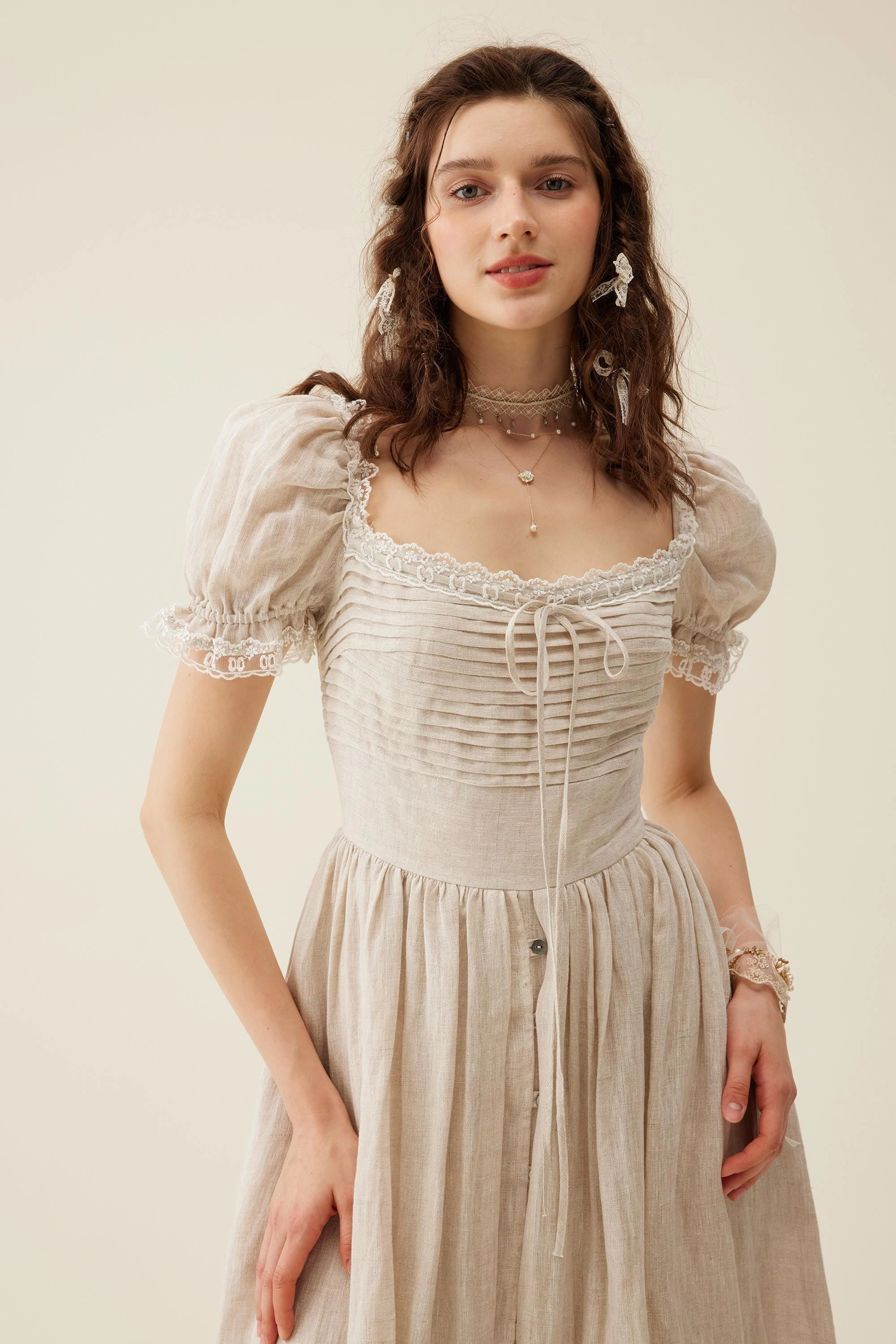 Cozy Lining Stay Fresh Monet Haze 26 | Fairy layered Linen Dress with pintucks
