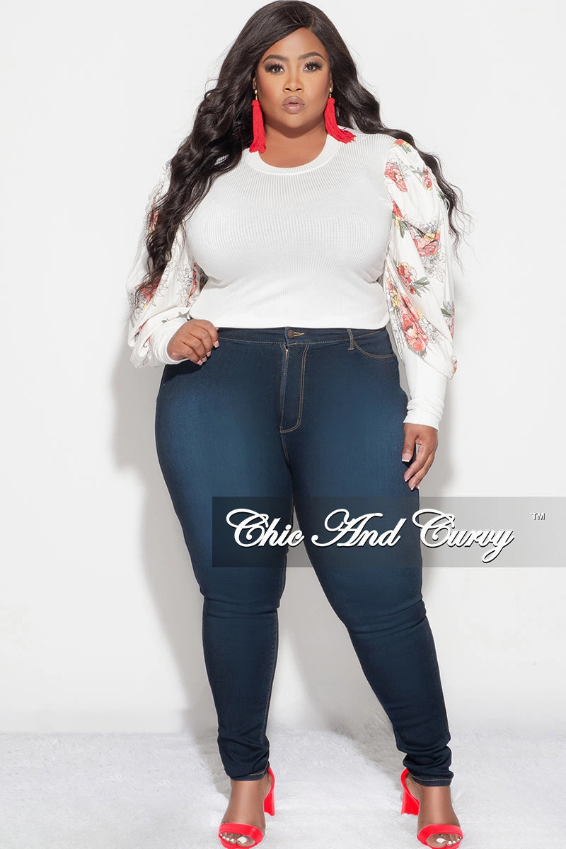 Final Sale Plus Size Long Sleeve Ribbed Top with Puffy Sleeves in Off White Floral Print Thermal Lining Elastic waist