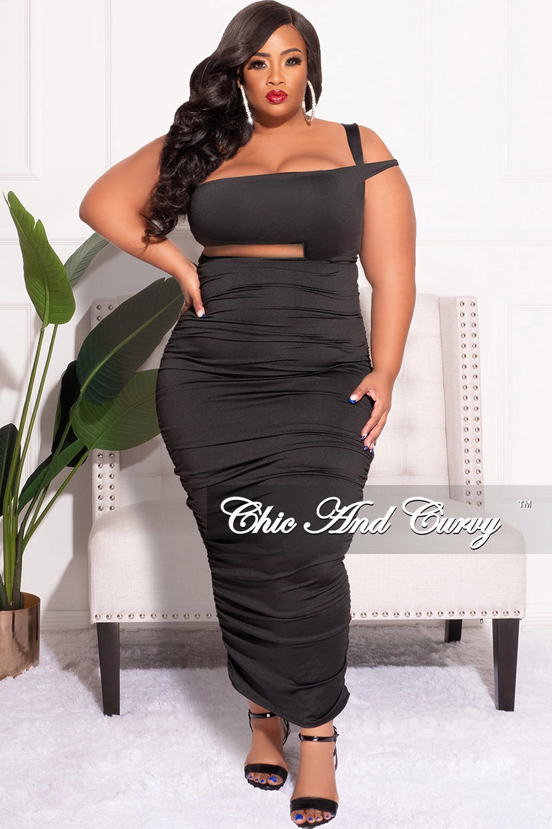Quick Comfort Design Final Sale Plus Size One Shoulder Cutout Ruched Dress in Black