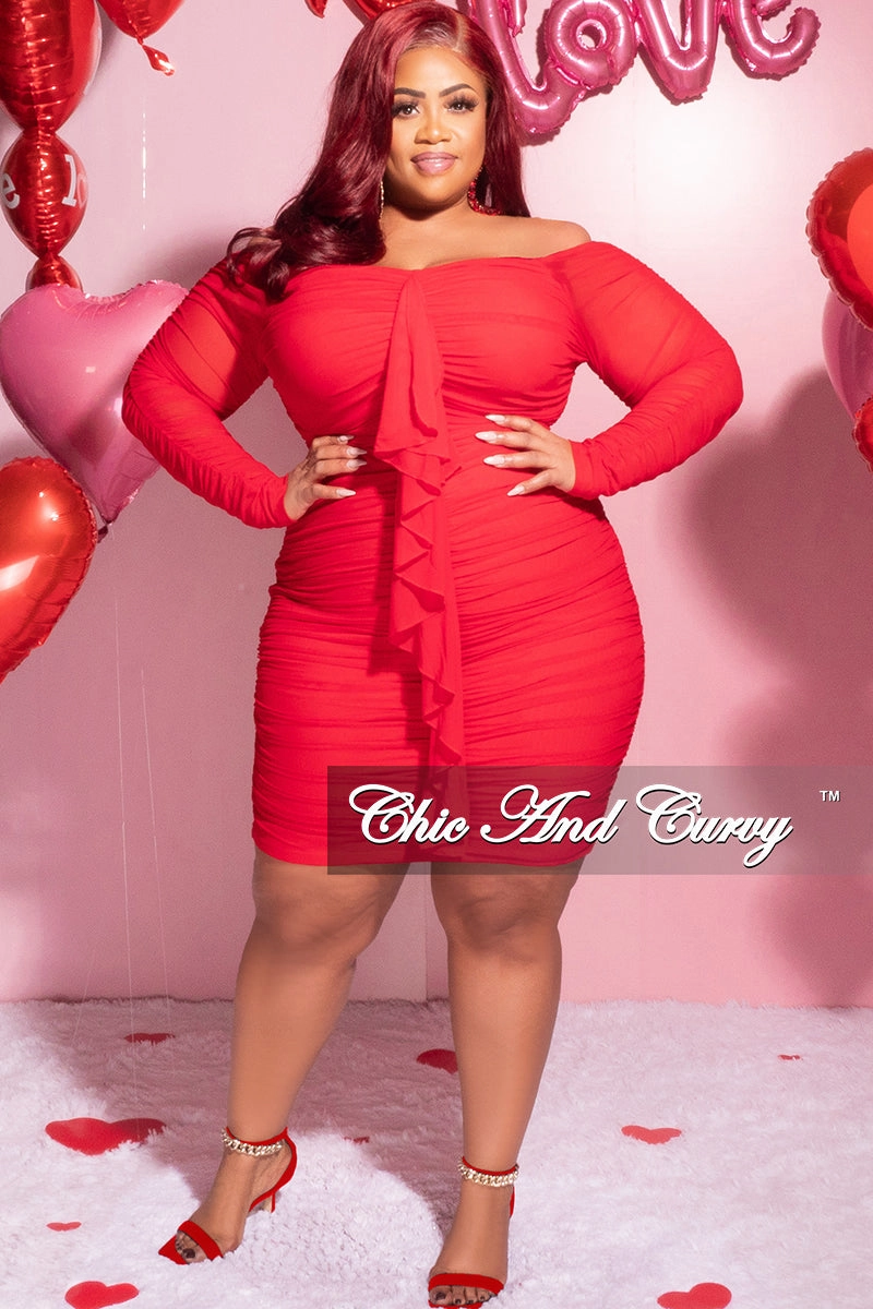 Reinforced Neckline Detail Final Sale Plus Size Ruched Off The Shoulder Mini Dress with Center Sash in Red Mesh