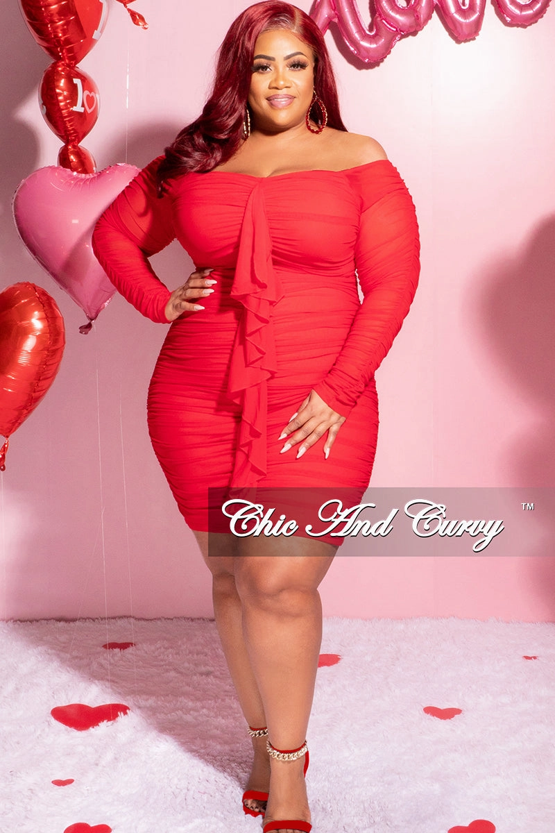 Final Sale Plus Size Ruched Off The Shoulder Mini Dress with Center Sash in Red Mesh Active Wear