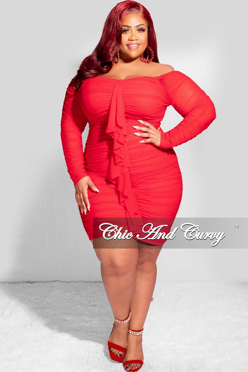 Final Sale Plus Size Ruched Off The Shoulder Mini Dress with Center Sash in Red Mesh Durable Reinforced Elbows OversizedSilhouette